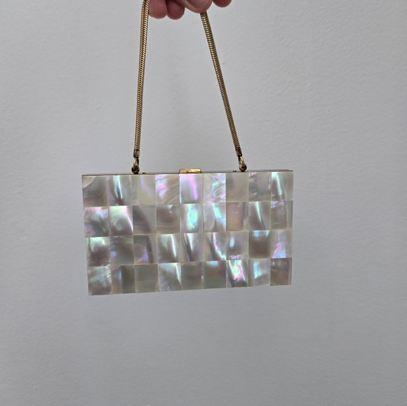 Vintage 1950s Evening Bag Mother of Pearl Minaudiere Art Deco Small Formal Clutc - Picture 2 of 16